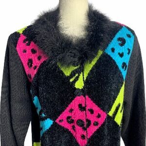 Vintage Beaded Knit Cardigan Sweater Black Feather